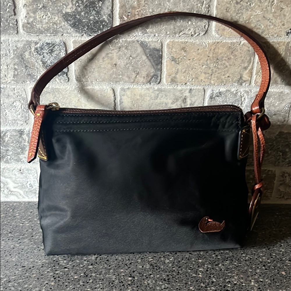 Dooney & Bourke Black Handbag with Brown Leather Strap and Hot Pink Interior - Picture 2 of 16
